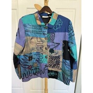 Vintage Causal Living Jacket Women XL Artsy Abstract Embroidered Patchwork Boho